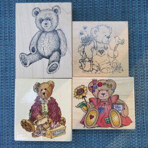 Vintage Toys Dolls Teddy Bears Wood Rubber Stamps Mixed Lot of 4